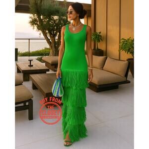 Mango Bright Green Tiered Fringe Maxi Dress